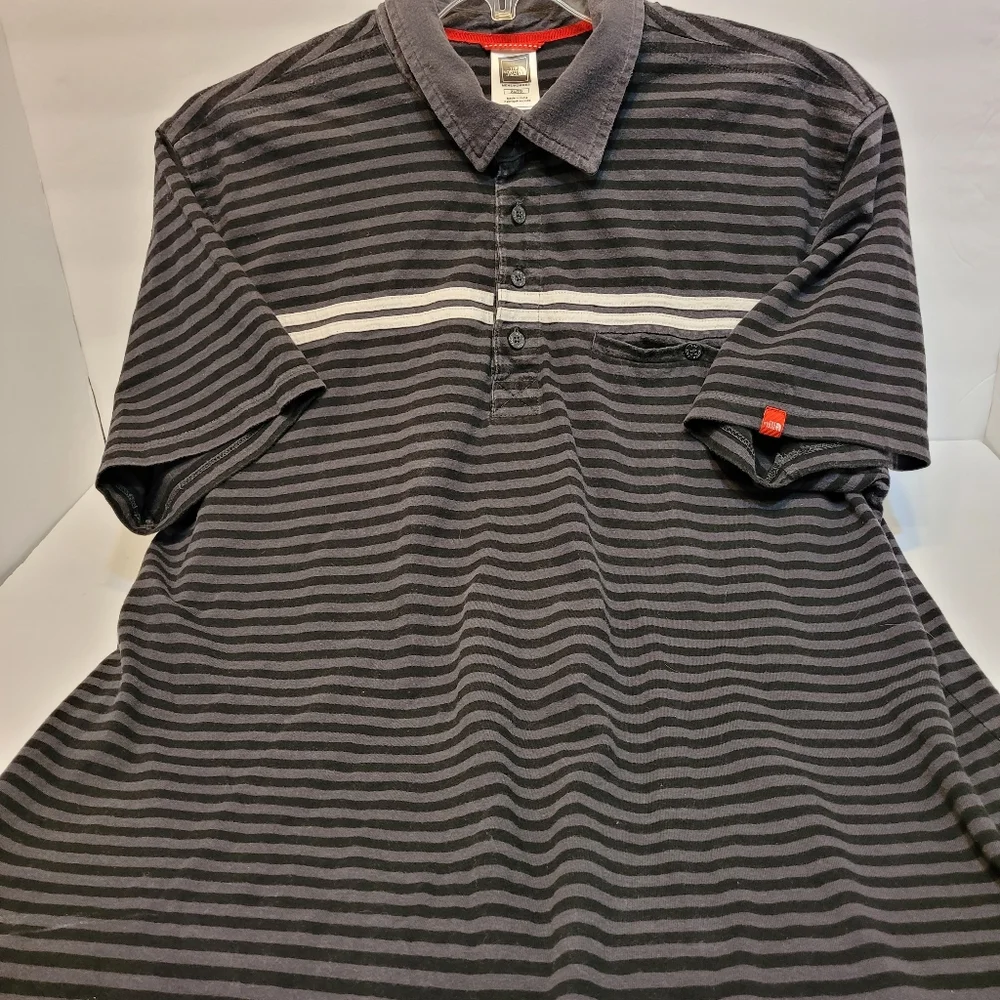 The North Face Polo Shirt Mens XL Black Gray Striped Cotton Short‎ Sleeve ACWA